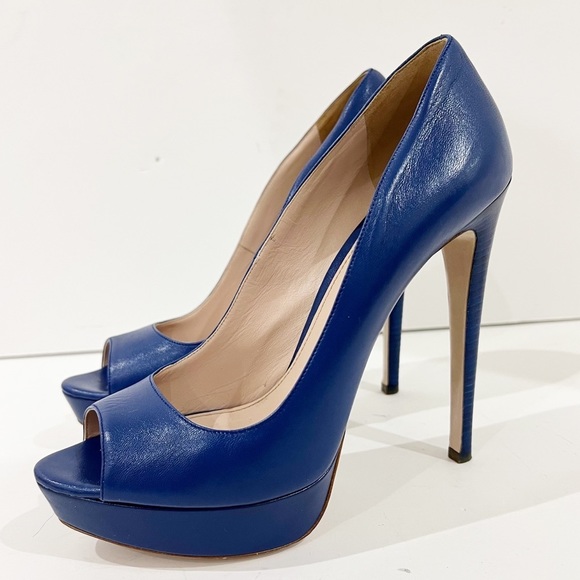Miu Miu royal Blue Leather Peep Toe Platform Pumps Sz 38.5 US 8 - Picture 14 of 14